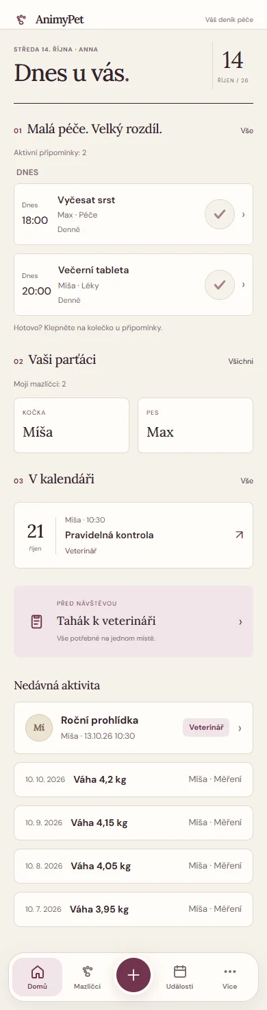 Přehled AnimyPet s mazlíčky, připomínkami a kalendářem událostí.
